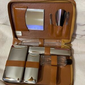 Vintage Genuine Leather Travel Vanity Set Mirror Comb Metal Containers